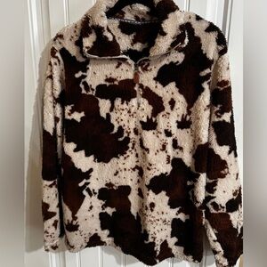 Cow Print Sherpa Quarter Zip Pullover | Brown & Cream | NWOT | Medium | Western